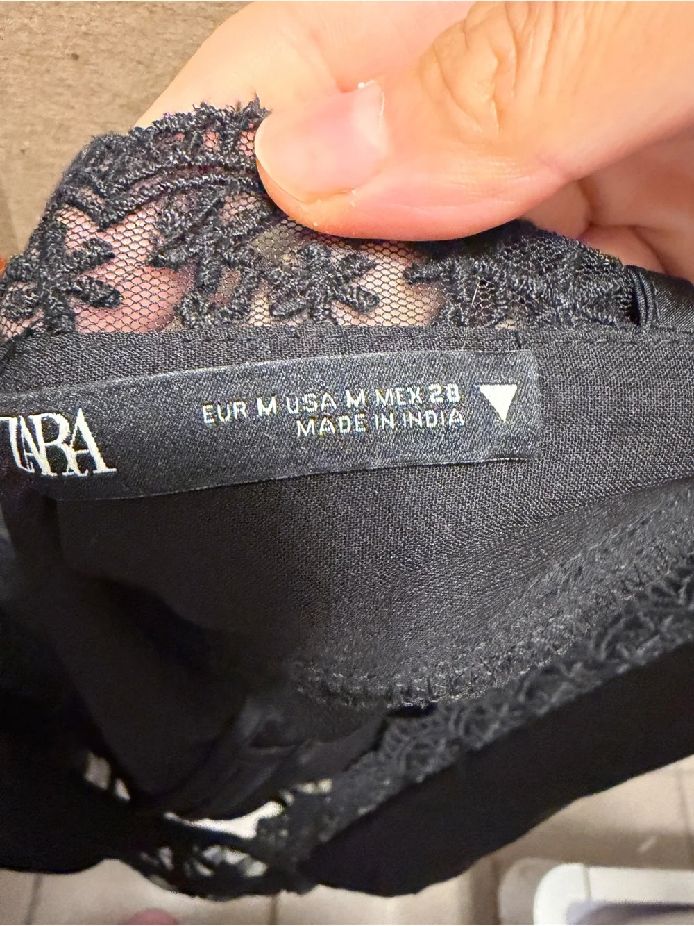 Zara Black Satin Top with Floral Mesh Trim